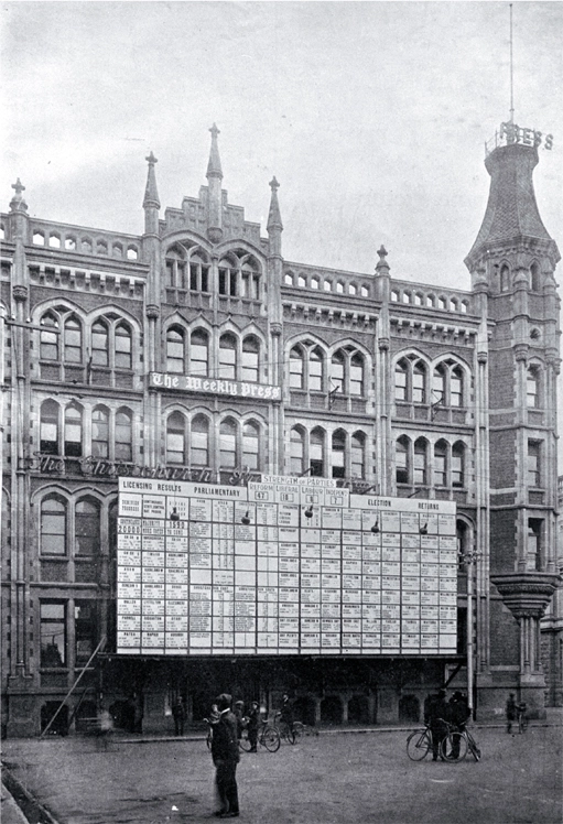 The results of the general election of 1919, posted outside the Press Co. Building, Cathedral Square, Christchurch