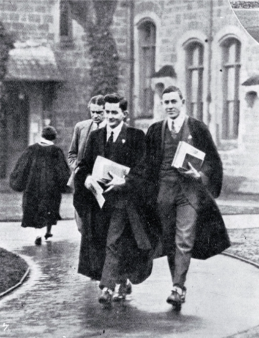 Undergraduate students in gowns in the quadrangle on their way to lecture rooms, Canterbury College