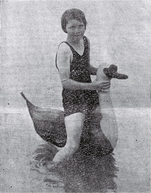 The "Goose Girl" : a young bather tests out her new inflatable at a local Christchurch beach.