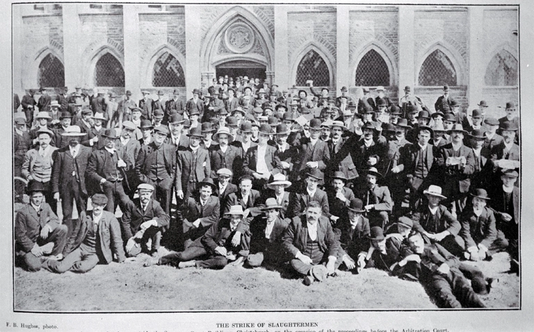 Striking slaughtermen outside the Supreme Court, Christchurch