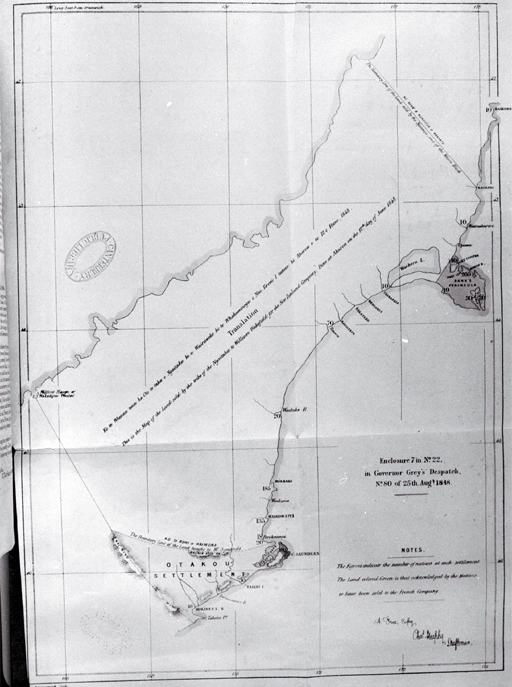 Map of land sold by Ngai Tahu to William Wakefield for the New Zealand Company, drawn on 12 June 1848 by Charles Heaphy