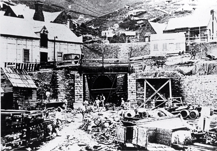 The Lyttelton portal of the Lyttelton Rail Tunnel with construction workers