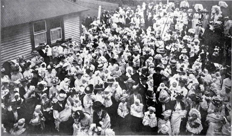 Mothers and babies gathered outside St. Helen's Hospital, Sydenham