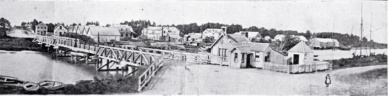 The old Kaiapoi bridge and the north side of town in 1864, North Canterbury