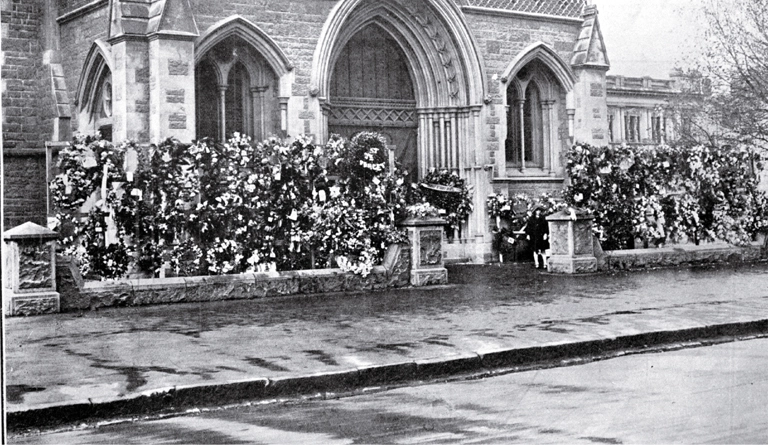 About 200 wreaths lay outside the front porch of the Christchurch Cathedral