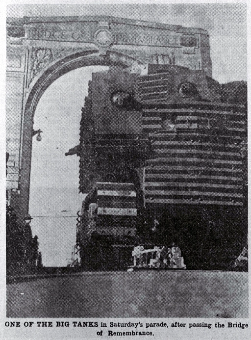 A Bob Semple tank crosses the Bridge of Remembrance during a defence parade through Christchurch