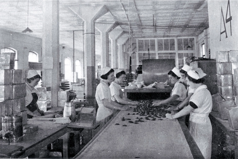 Many girls in mass-production factories work on moving belts