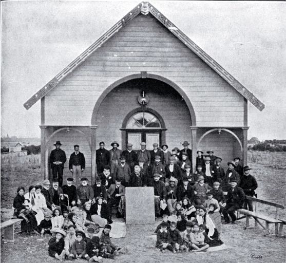 "The natives assembled in front of the Arowhenua Pa meeting house, Temuka"