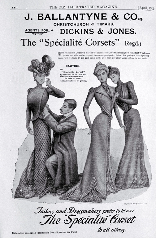 An advertisement for corsets sold by J. Ballantyne & Co., Christchurch and Timaru