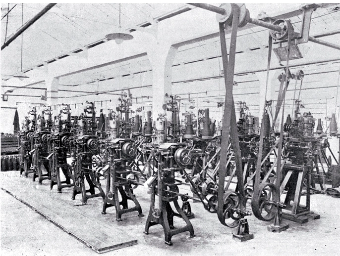 Knitting machines in a factory