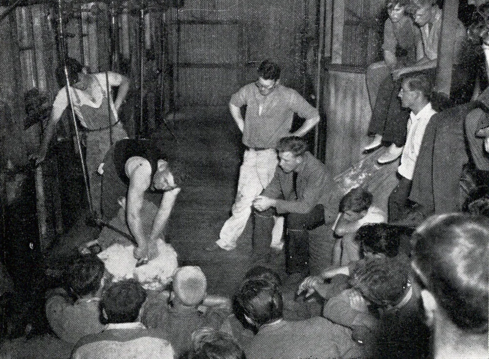 1954 Diploma students receive instruction in shearing from Mr Godfrey Bowen