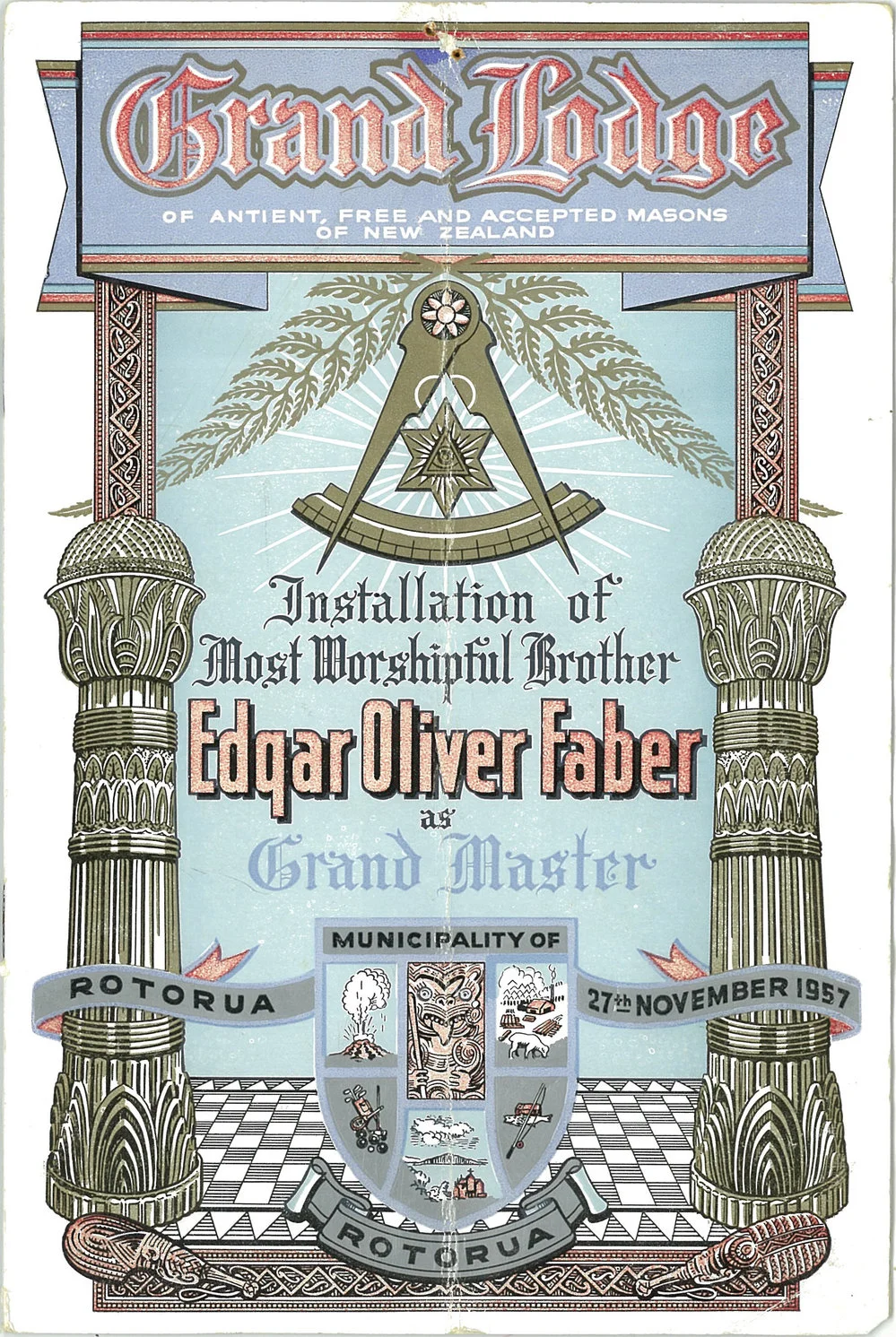 Installation of Most Worshipful Brother Edgar Oliver Faber as Grand Master, Rotorua, 1957