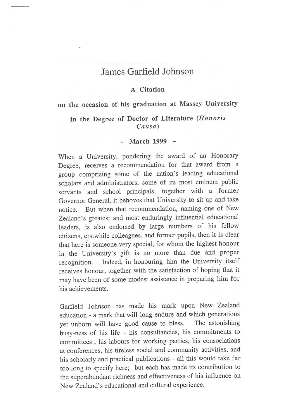 Honorary doctorate citation, James Garfield Johnson, 1999