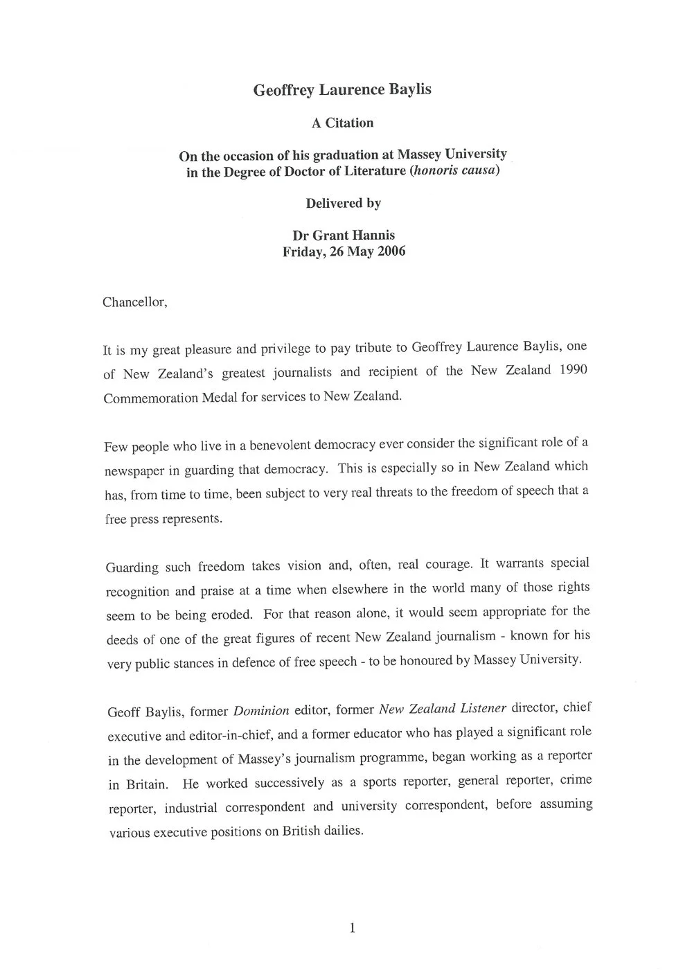 Honorary doctorate citation, Geoffrey Lawrence Baylis, 2006