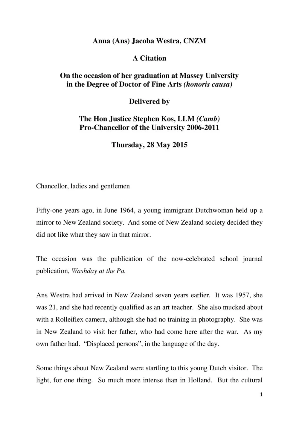 Honorary doctorate citation, Anna Jacoba Westra, 2015