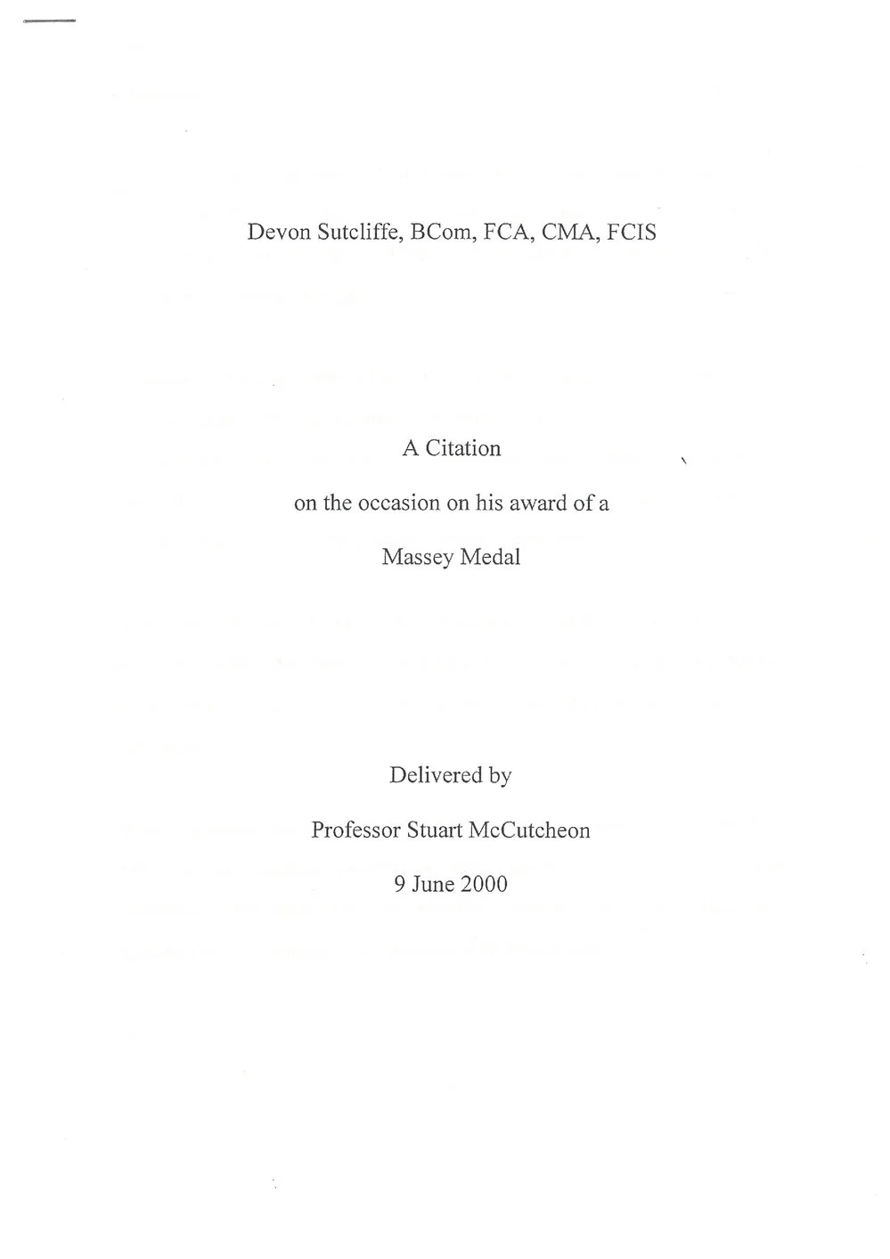 Massey medal citation, Devon Sutcliffe, 2000