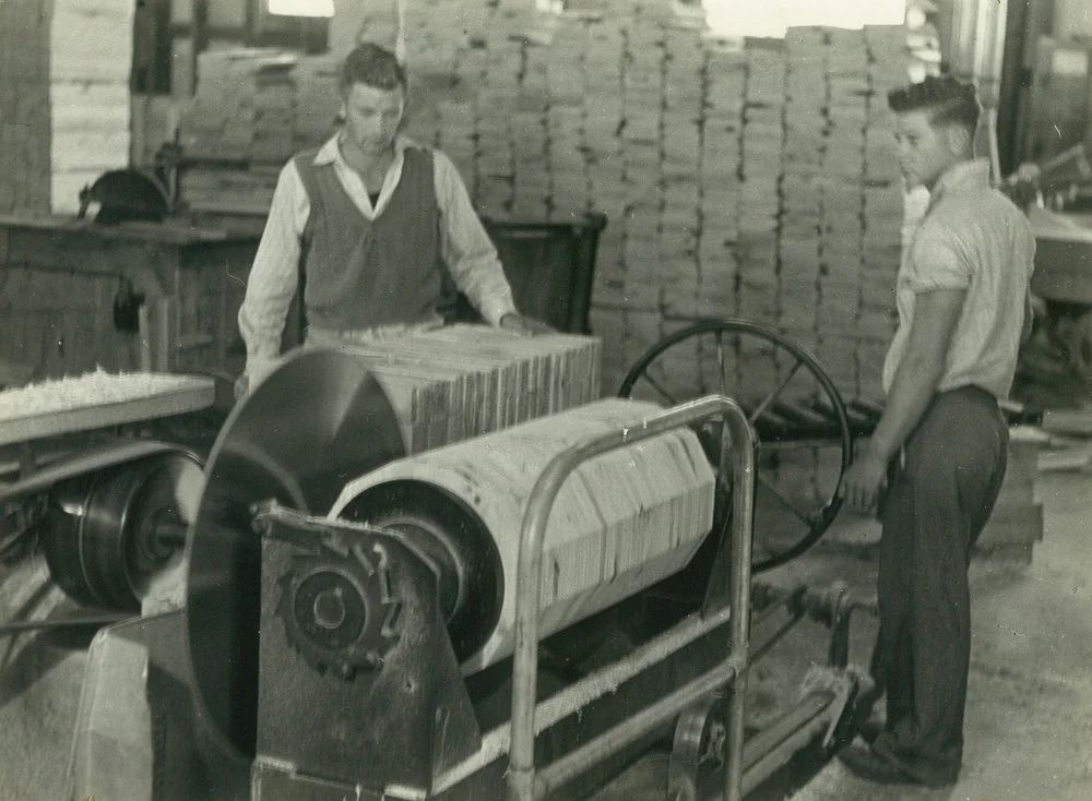 Egmont Box Company, Limited. Tokoroa factory. Shaping cheese crate polygons for crate ends and centres, circa 1947