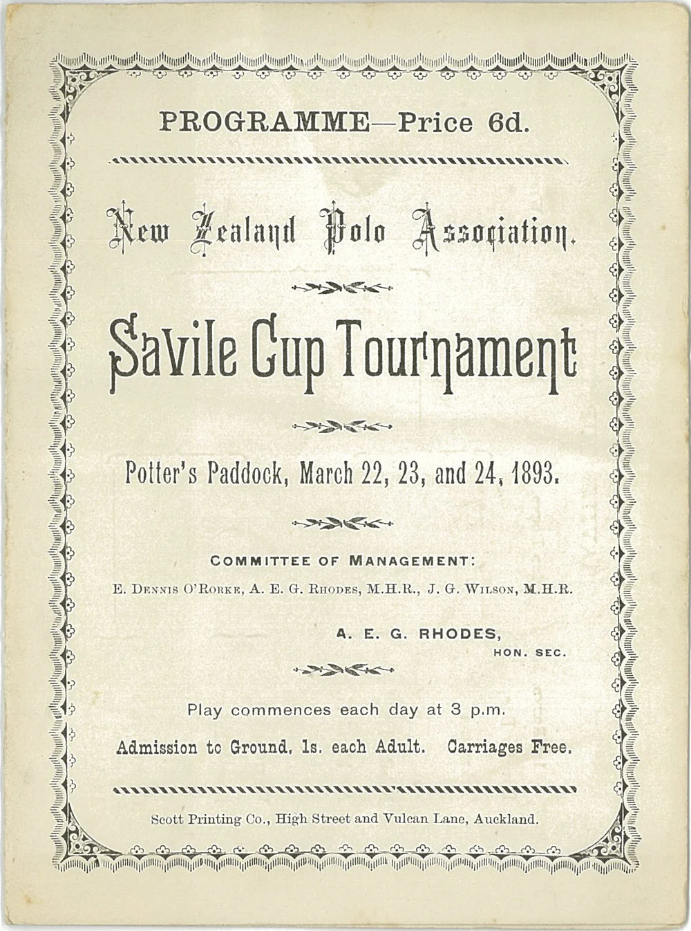 Programme for New Zealand Polo Association Savile Cup Tournament, March 22-24, 1893