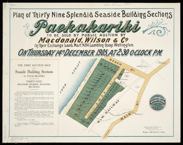 Plan of thirty nine splendid seaside building sections, Paekakariki [cartographic material] / Middleton & Smith, surv.