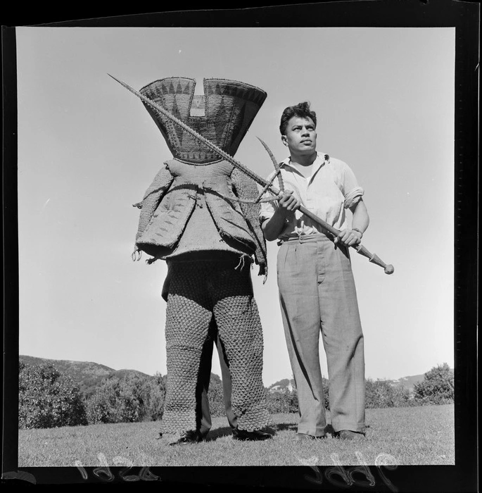 Two unidentified men with a Kiribati warrior costume