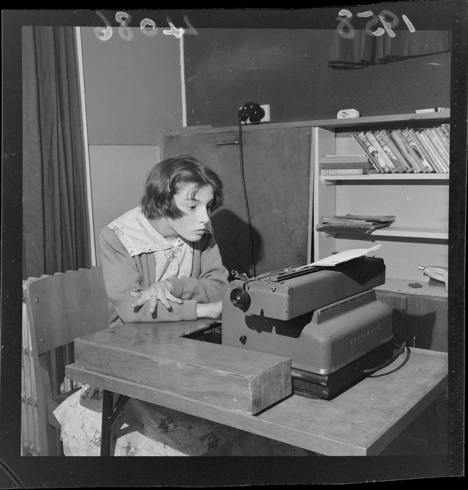 A student working on a typewriter, at Kimi Ora School for children with special needs, Thorndon, Wellington