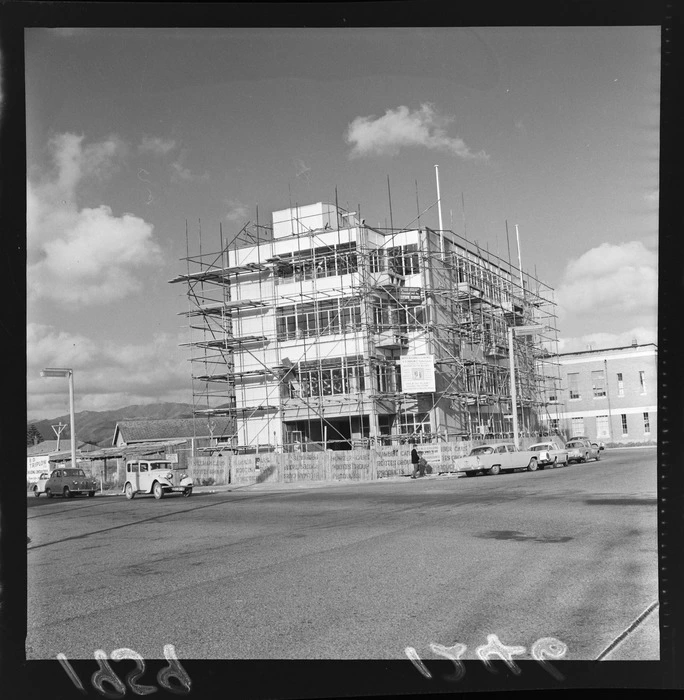 North Island Motor Union Insurance Company (NIMU) Building under construction, Lower Hutt, Wellington Region, including scaffolding