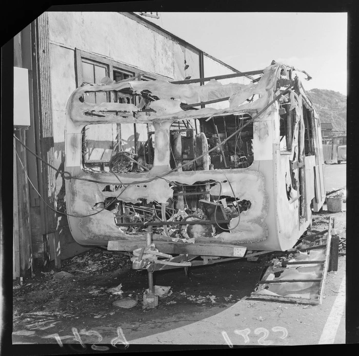 Wreckage of burnt out pie cart [caravan], location unknown