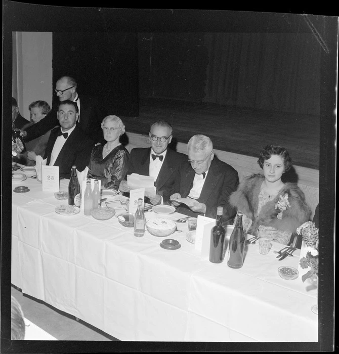 New Zealand Table Tennis Association members attending a function, including Walter Nash at centre of table