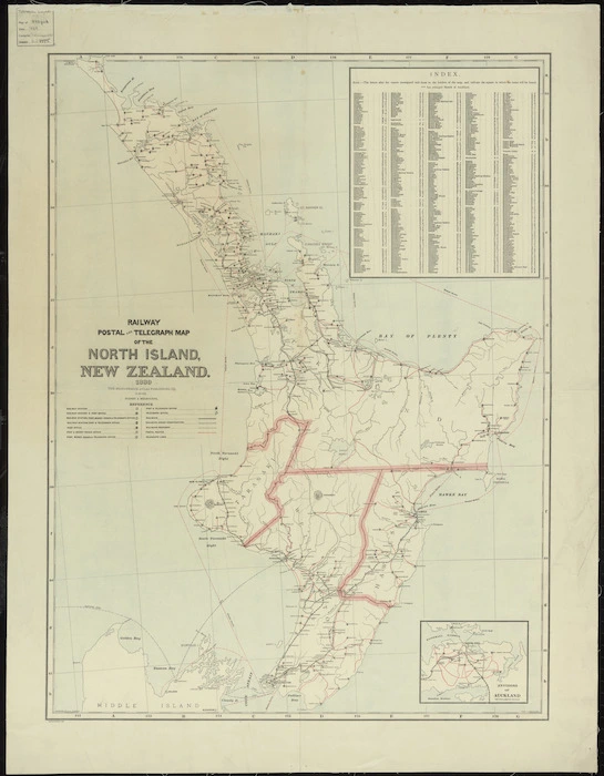 Railway, postal and telegraph map of the North Island, New Zealand [cartographic materia] ; Railway, postal and telegraph map of the Middle Island, New Zealand.