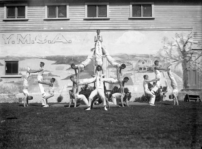 Male gymnastics squad outside the YMCA in Nelson