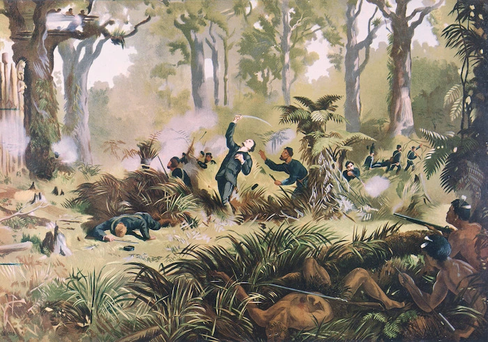 Watkins, Kennett, 1847-1933 :Death of Major Von Tempskey at Te-Ngutu-o-te-Manu, New Zealand, 7th September, 1868 / W P lith; [from a painting by Kennett Watkins] Wanganui, A D Willis [1893]