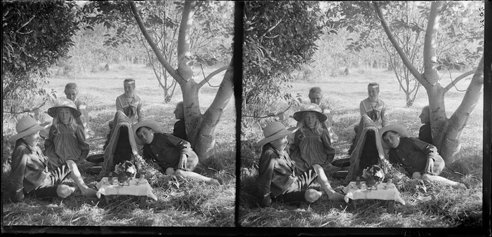 Five boys and a girl at a tea party among trees, Brunswick, Wanganui Region