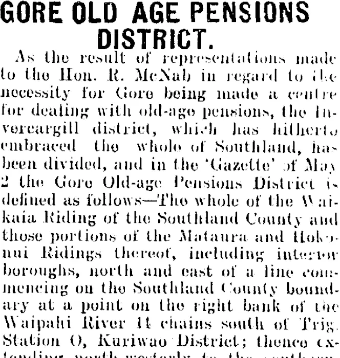 GORE OLD AGE PENSIONS DISTRICT. (Mataura Ensign 9-5-1907)