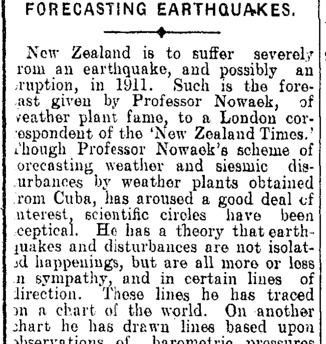 FORECASTING EARTHQUAKES. (Mataura Ensign 10-12-1908)