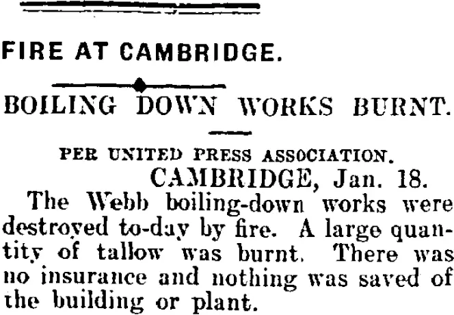 FIRE AT CAMBRIDGE. (Mataura Ensign 19-1-1910)