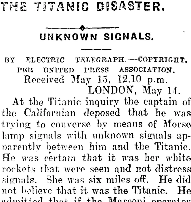 THE TITANIC DISASTER. (Mataura Ensign 15-5-1912)