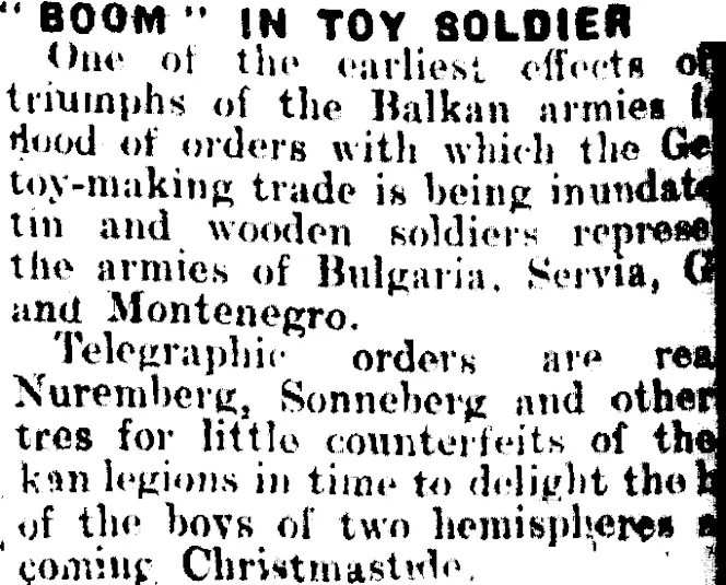 "BOOM" IN TOY SOLDIERS. (Mataura Ensign 23-12-1912)