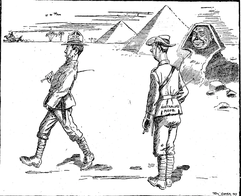 AFTER THE BATTLE.  It can he regarded as distinctly a feather in the New ZeaJanders' caps that they, and not the Australians, had the honor of meeting and defeating the Turkish invading army at the: Suez Canal.���New Zealand Press.  AUSTRALIA'S HOPE : "OH right, 'orty. Wot about the Hemden, hanyway." (NZ Truth, 13 February 1915)