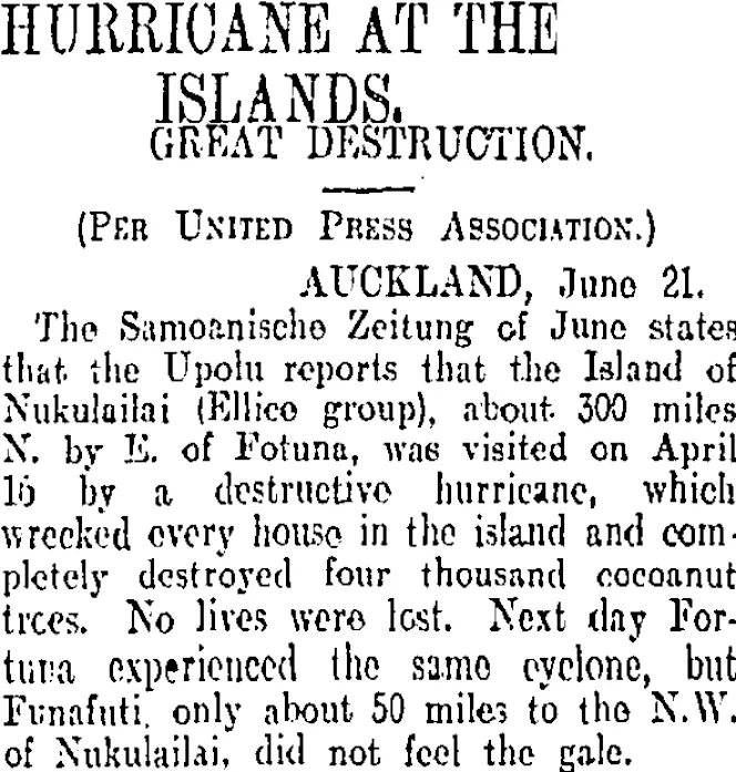 HURRICANE AT THE ISLANDS. (Otago Daily Times 22-6-1907)