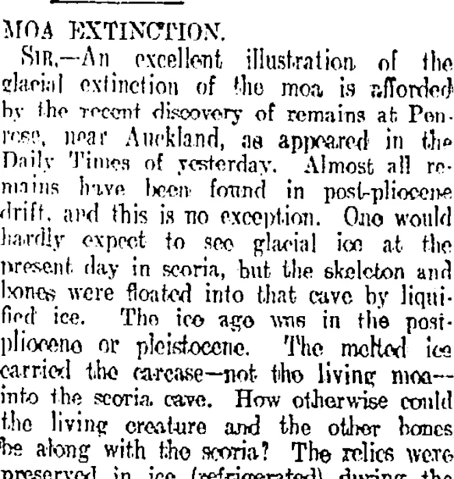 MOA EXTINCTION. (Otago Daily Times 3-5-1909)