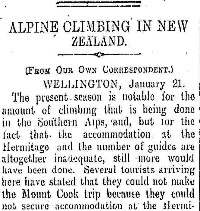 ALPINE CLIMBING IN NEW ZEALAND. (Otago Daily Times 24-1-1910)