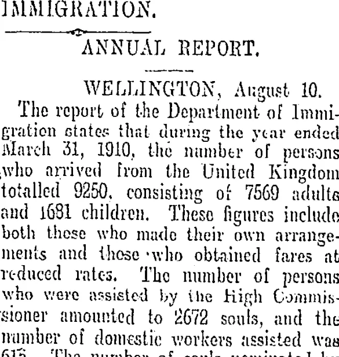 IMMIGRATION. (Otago Daily Times 15-8-1910)