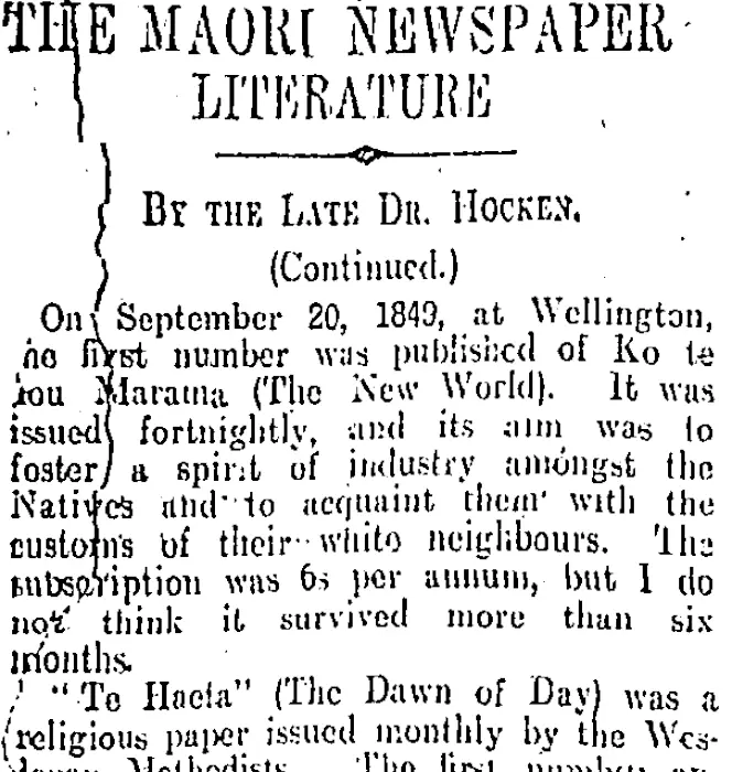THE MAORI NEWSPAPER LITERATURE. (Otago Daily Times 31-8-1910)