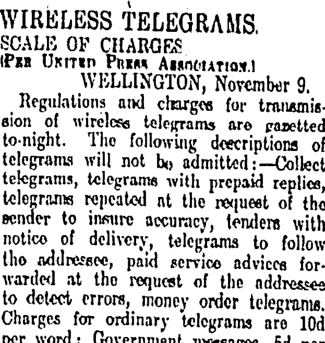 WIRELESS TELEGRAMS. (Otago Daily Times 10-11-1911)