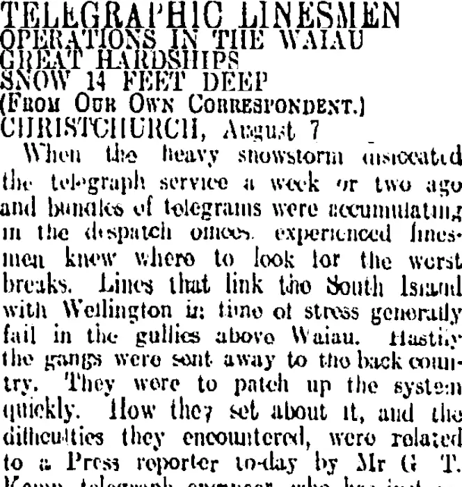 TELEGRAPHIC LINESMEN (Otago Daily Times 8-8-1912)