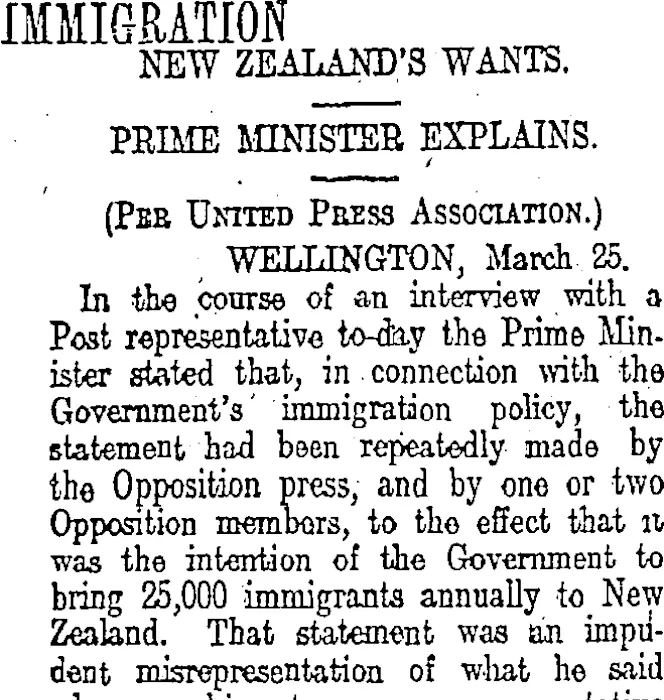 IMMIGRATION. (Otago Daily Times 26-3-1913)