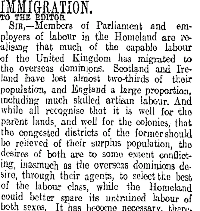 IMMIGRATION. (Otago Daily Times 7-5-1913)