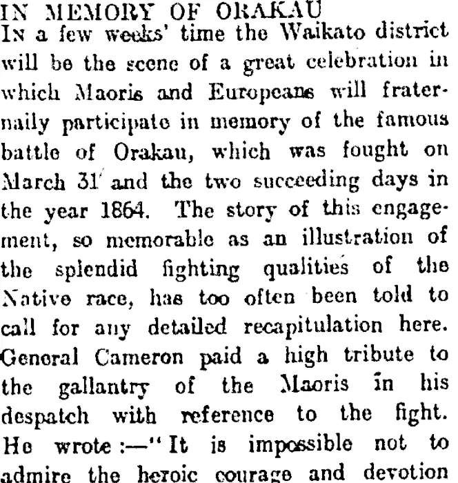 IN MEMORY OF ORAKAU. (Otago Daily Times 6-3-1914)