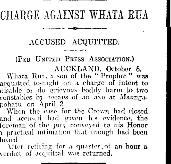 CHARGE AGAINST WHATA RUA (Otago Daily Times 7-10-1916)