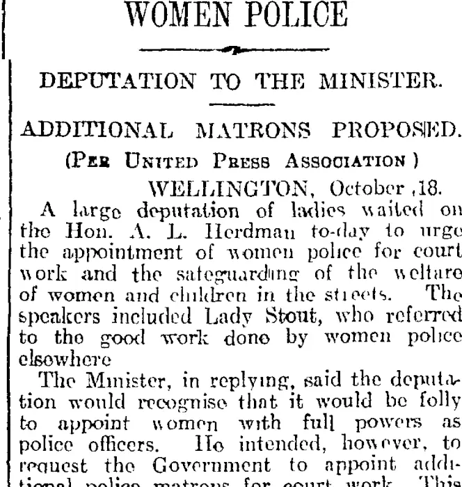 WOMEN POLICE (Otago Daily Times 19-10-1916)